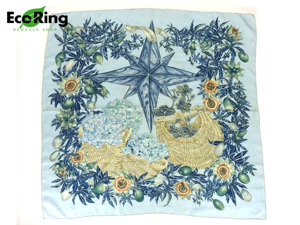 1円 エルメス カレ 90 PASSIFLORES パッションフラワー シルク スカーフ ブルー BP144