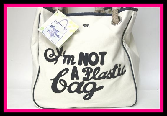 未使用 ANYA HINDMARCH アニヤ・ハインドマーチ エコバック トートバッグ シティバッグ コットン キャンバス 綿 ホワイト 白 ネイビー