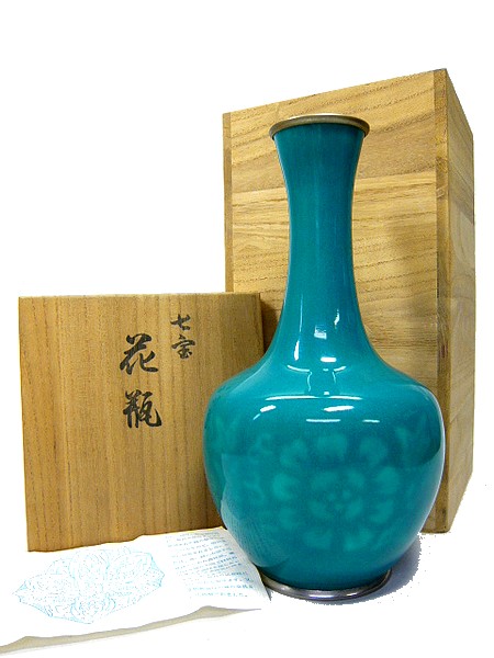 3Q 売切!☆七宝焼☆翡翠色☆花瓶☆花入れ☆花器☆花模様☆つる首☆共箱☆-