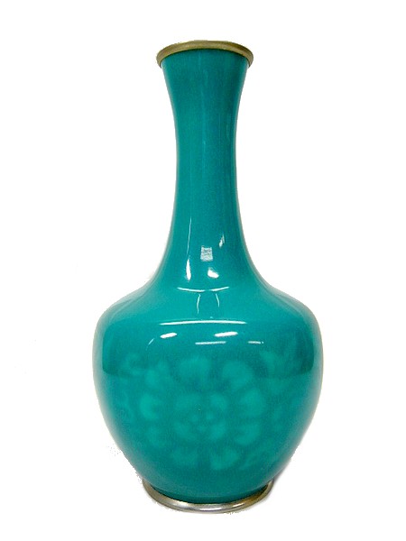 3Q 売切!☆七宝焼☆翡翠色☆花瓶☆花入れ☆花器☆花模様☆つる首☆共箱☆-