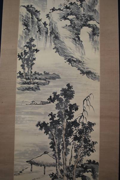 真作⁄小室翠雲⁄秋江獨釣図⁄山水図⁄釣舟図⁄釣人図⁄横物⁄掛軸☆宝船☆AD