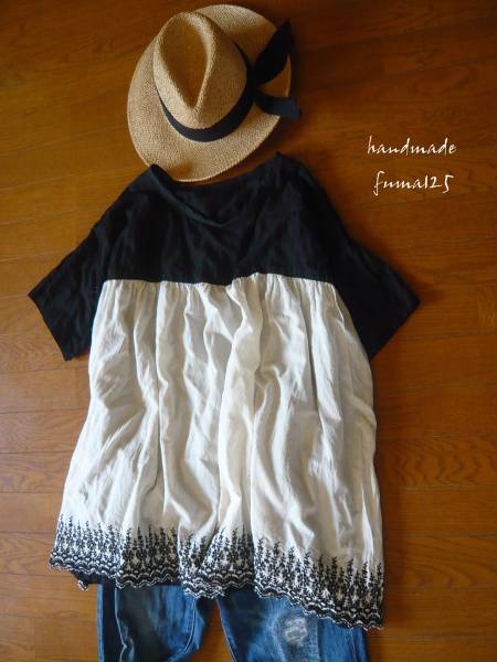 ⑤ハンドメイド＊薄手スカラップ×黒刺繍地＊肩落ちゆったりプルオーバー