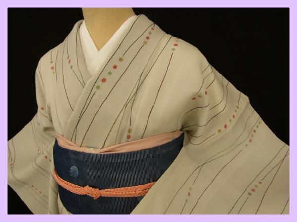 ◆衣紋屋◆6927 【1円～】 紗 小紋着物 縞に水玉文様 正絹 グレー *****