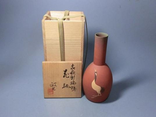 今井政之 作 象嵌彩瑞鶴図 花瓶（共箱）茶道具