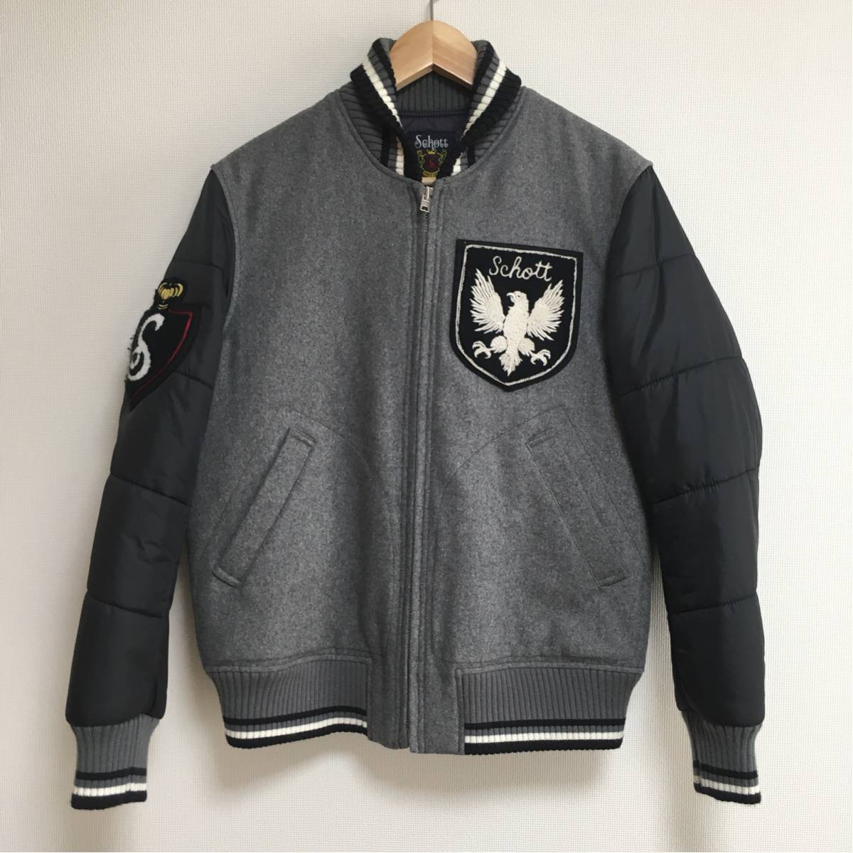 美品 美品 SCHOTT ショット スタジャン sizeM グレー 袖ナイロン 中綿 