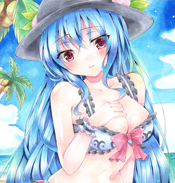 同人手描きイラスト色紙 東方 比那名居天子 『水着』(手描きイラスト