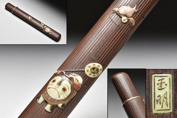 玉明作牙螺鈿細工玩具尽文金口煙管筒】 提物彫刻