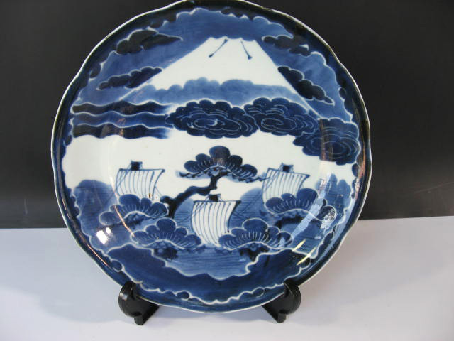 《和》　古伊万里　染付　大皿　（富士・船・松）　江戸期