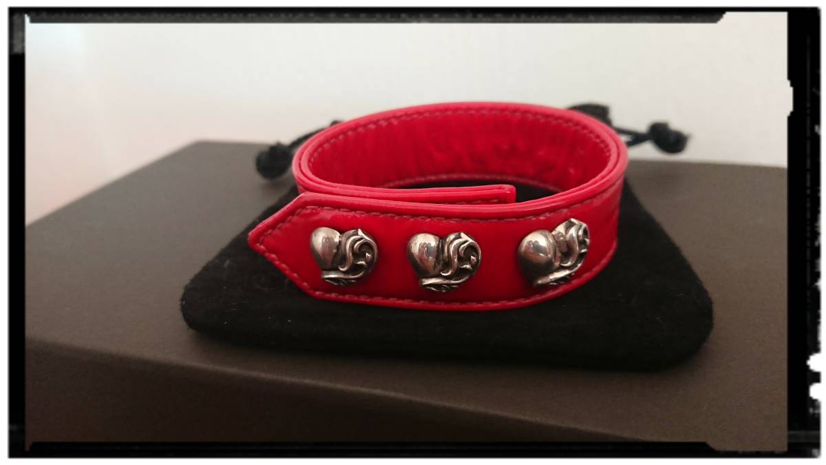 クロムハーツエナメルレザーブレスレット 本物クロムハーツ希少エナメルレザー『chrome hearts』ハート