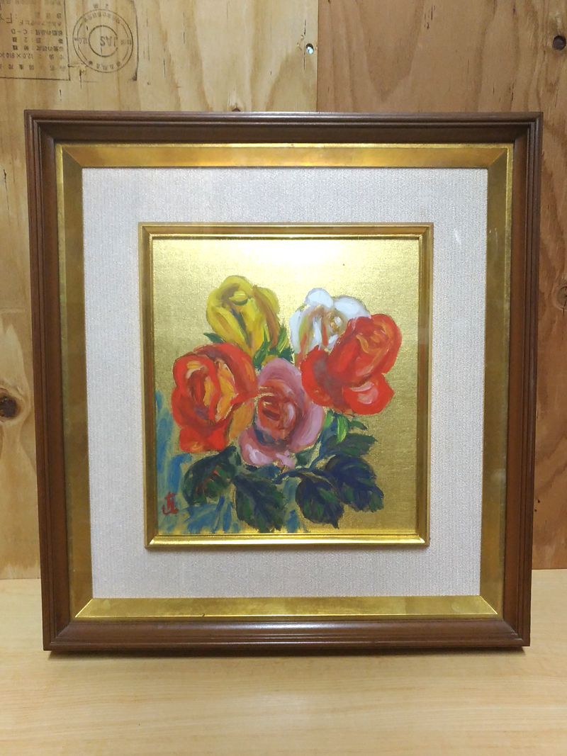 山本直治 ばら 薔薇 油絵 額装 梅田画廊 色紙に油彩 【公式通販】