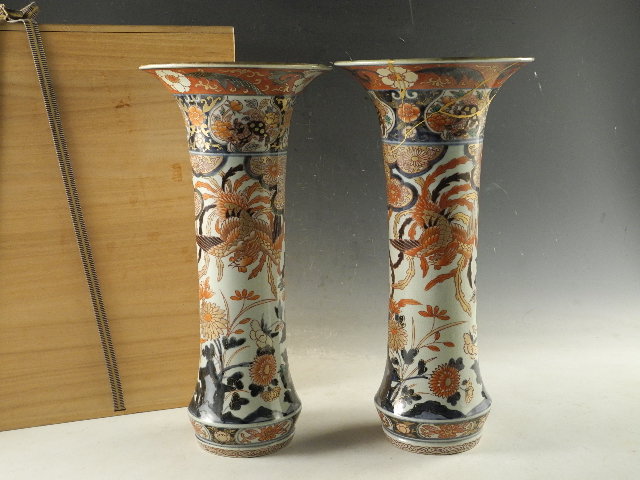 ◆栄◆古伊万里 色絵 鳳凰 獅子 牡丹 花入 一対 桐箱 江戸元禄 12kw96