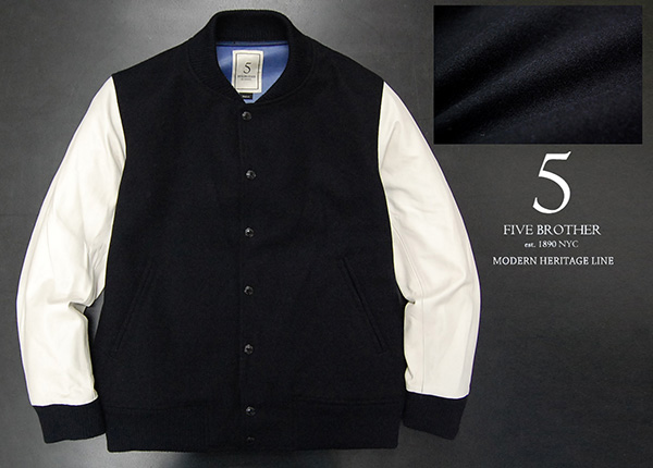 極美品 定価￥36，720 ファイブブラザー FIVE BROTHER ”Modern Heritage/モダンヘリテージ” メルトンウール 袖革スタジャン 濃紺x白色/M