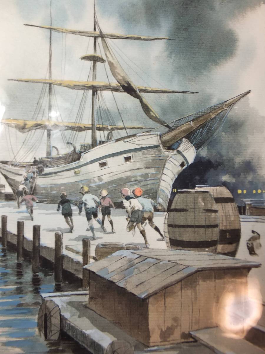 大判！柳柊二肉筆カラー原画！十五少年漂流記①！帆船！　　　　　　　検挿絵原稿サイン色紙小松崎茂南村喬柳原良平石原豪人久里洋二真鍋博