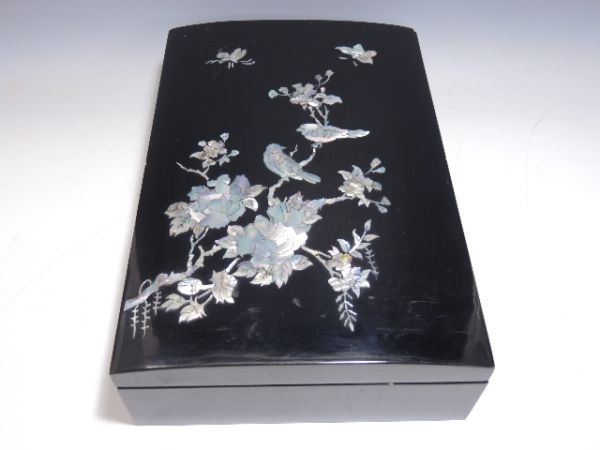 569/☆文箱 螺鈿細工 花鳥図 木製漆器 硯箱 書道具 文房具