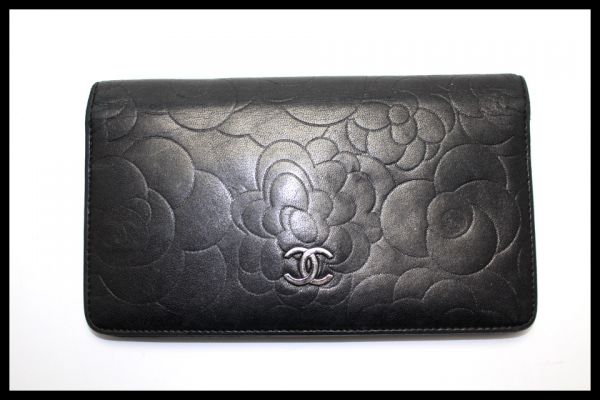 希少美中古■CHANEL 11番台 カメリア レザー 2つ折り長財布 シャネル■1206rr03070