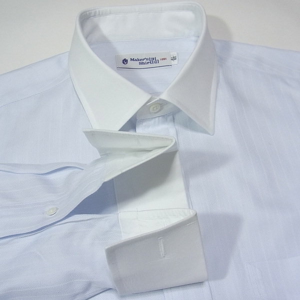 Maker's Shirt 鎌倉シャツ◆41-83◆セミワイド＊Ｗカフス＊クレリック◆淡いブルー×白◆ヘリンボーン