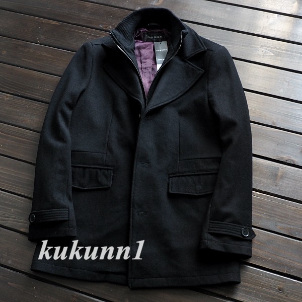 新品*英国*JACKREID*紳士 厚手 ウール混 2way テーラード 高級コートXXL/黒