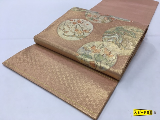 スピ買■ 着物 名品 袋帯 金色 丸文 草花 鶴 佐賀錦 金糸 お太鼓柄 正絹 ☆☆☆☆