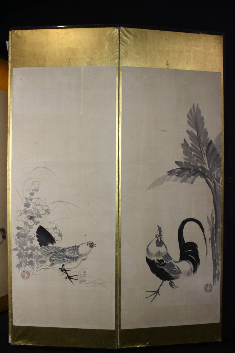 模写】【櫻】伊藤若冲 「鶏図」 紙本肉筆 屏風 六曲一双 名家蔵出品