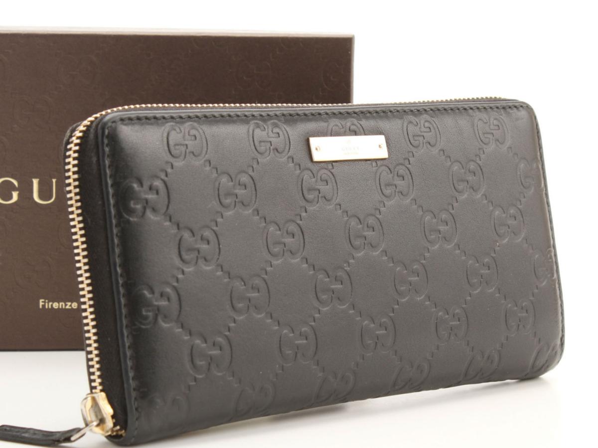 1円 グッチ GUCCI GG シマ レザー ラウンドファスナー 長財布 メンズ 