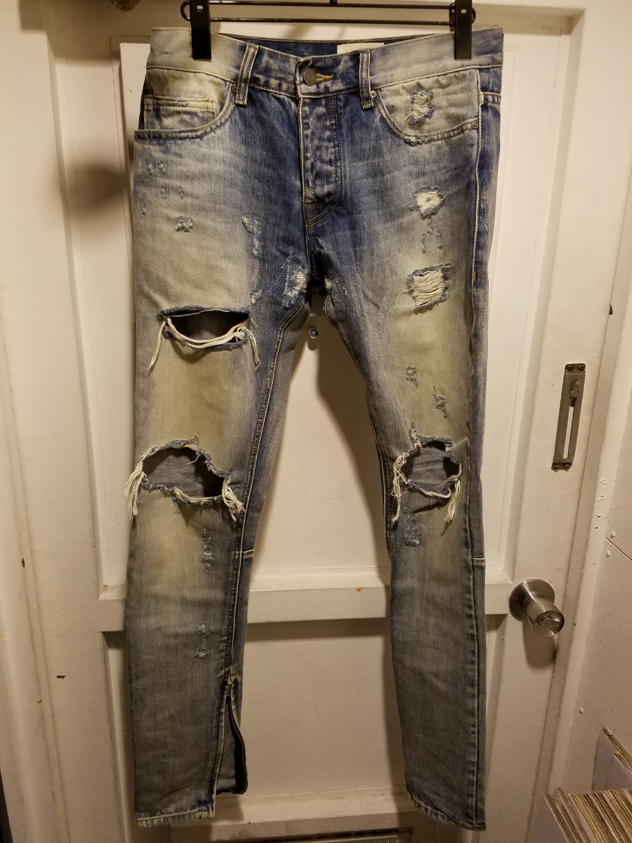 フィアオブゴッド クラッシュ加工デニム スキニー ダメージ加工 裾ZIP 
