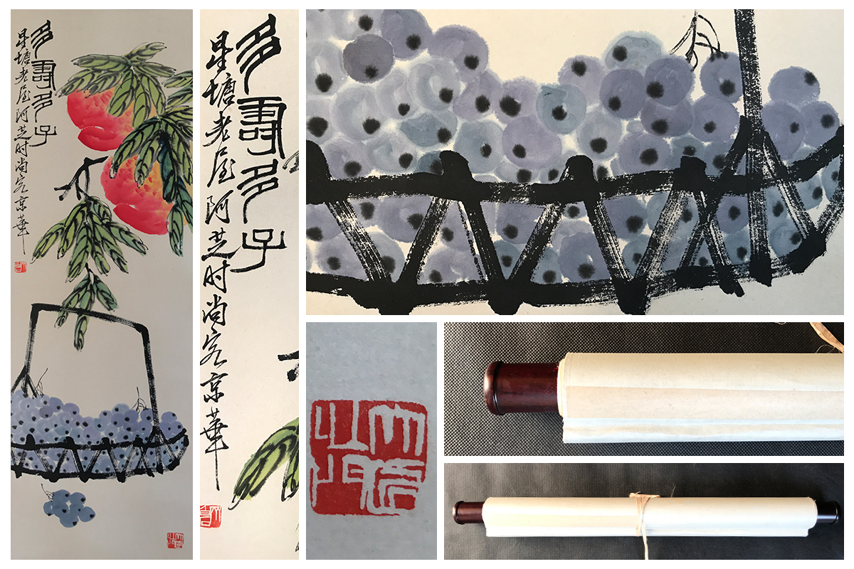 掛け軸 白石 証書付】斉白石 画・掛け軸「荷花と鴛鴦」中堂画 70×173cm