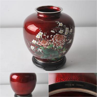 赤透四君子文 七宝焼 花瓶 台付 21cm 七宝焼 赤透明釉 四君子文