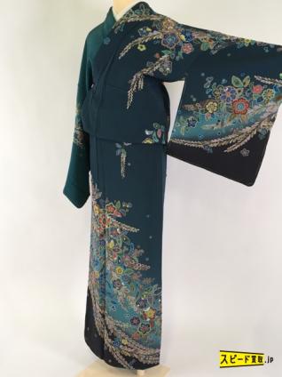 スピ買■ 着物 1円 逸品 美品 訪問着 青緑 辻が花 染分け 正絹 袷（10月～5月）161cm Mサイズ ☆☆☆☆☆