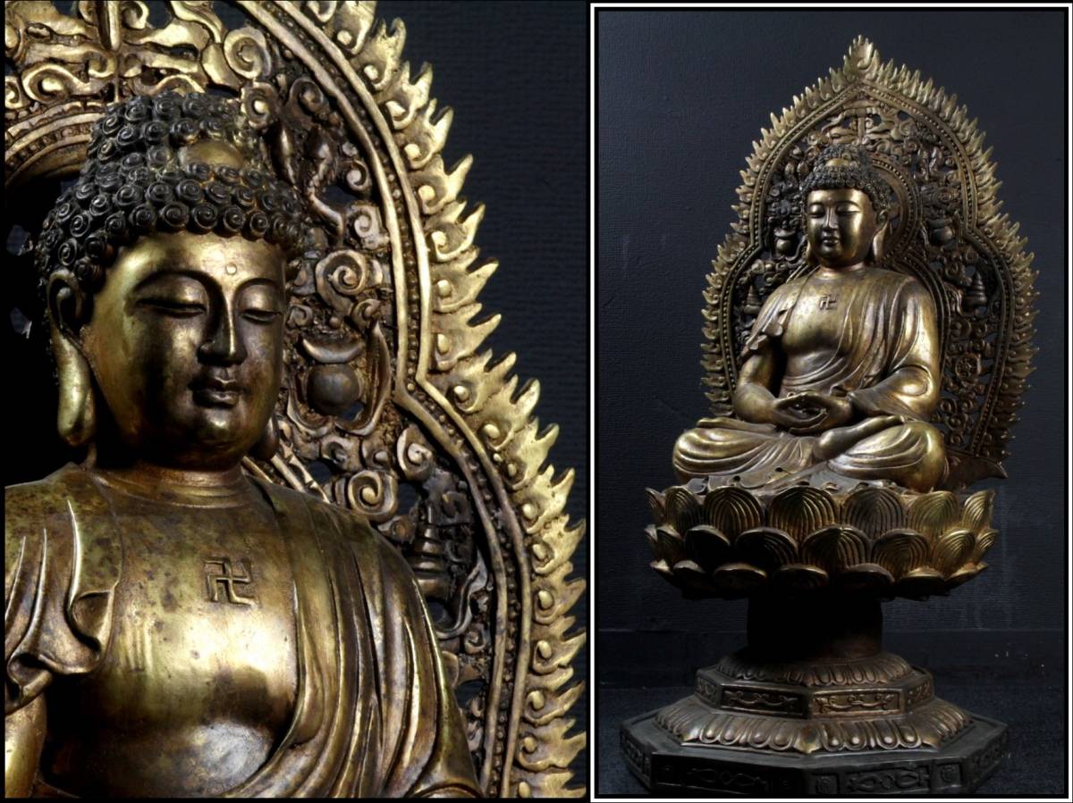 貴重品　唐時代銅製仏像　唐物骨董品 古美術 DE859B2-3 セール，高品質 11◇櫟◇ 時代 銅製 釈迦如来像 33cm 1651g 細密細工