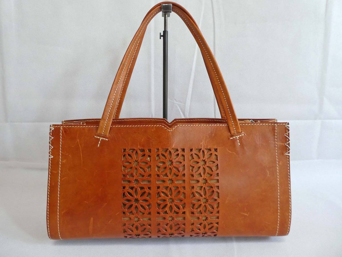 正規品 genten ゲンテン カットワーク レザー ハンドバッグ/タン 