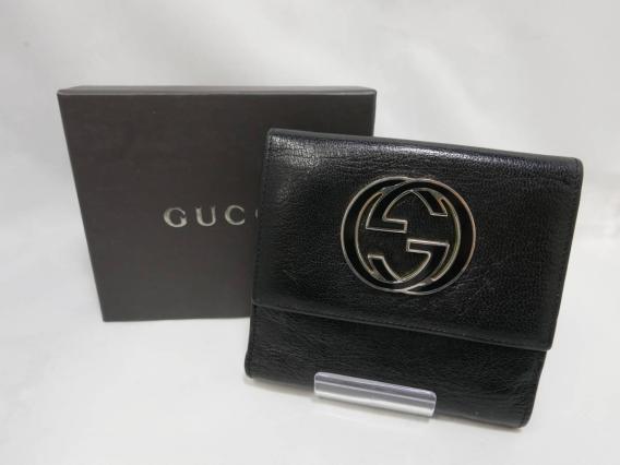 GUCCI グッチ 二つ折り財布 インターロッキング 131020 Wホック レザー 黒 ブラック メンズ