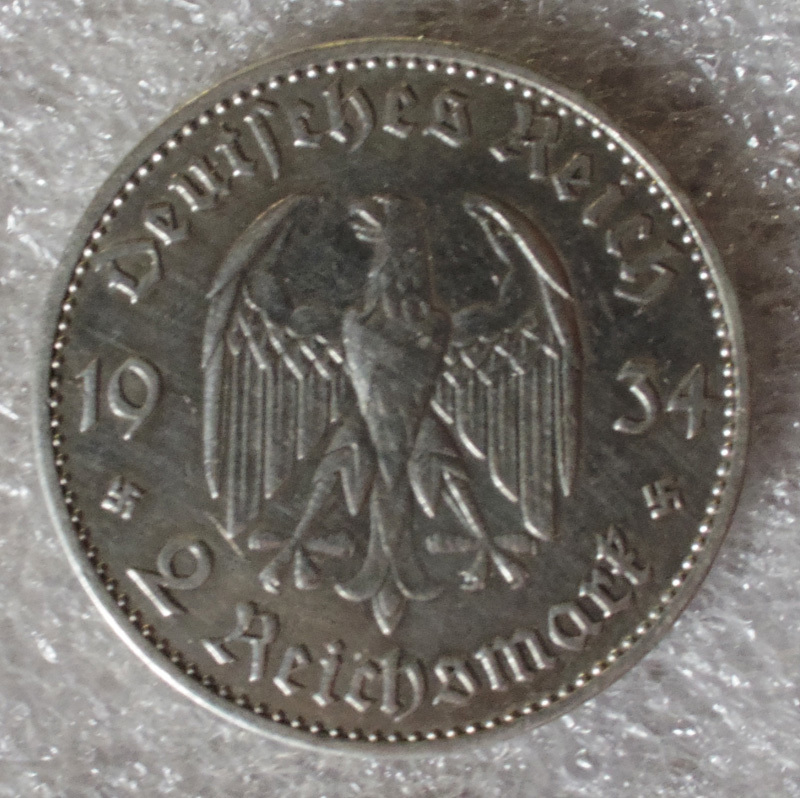 ドイツ 第三帝国 2ライヒスマルク 銀貨 1934年 教会 A 5マルク 日付