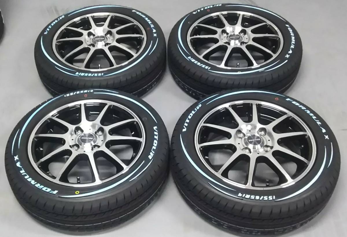 【即決・新品セット】ブラックポリッシュ＆VITOURホワイトレター★155/65R14付★4本セット★NーBOX，N-ONE，タント，ムーブ，ワゴンR，etc