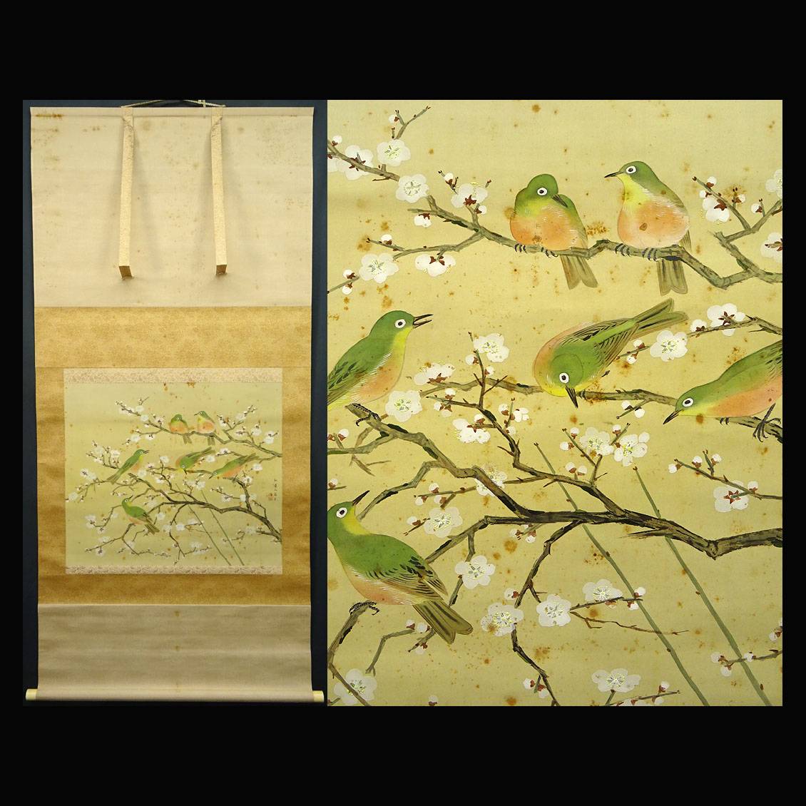 模写】緑屋*南□*a 掛軸 共箱二重箱付 矢野橋邨(矢野橋村) 『梅花小禽