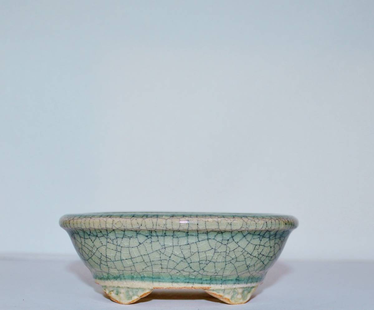英明」 雅風展、現代小鉢作家展受賞 氷裂青磁釉 雲足外縁小判形の鉢