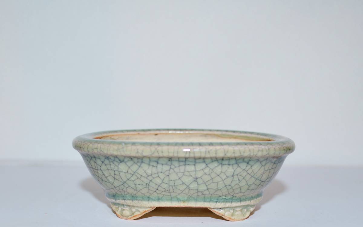 英明」 雅風展、現代小鉢作家展受賞 氷裂青磁釉 雲足外縁小判形の鉢