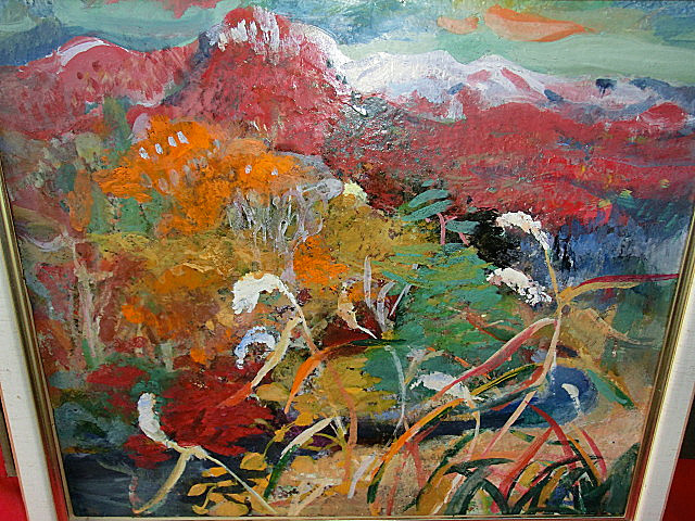 油絵 油彩 ゴシック調 ゴールドフレーム 額縁 肉筆画 真筆保証 風景画 秋の風景 赤い山 色とりどりの山麓 流れる小川　一陽会 新村則一 F10