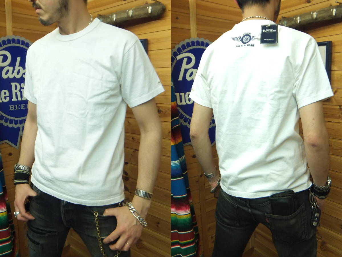 フラットヘッド正規店THC-203半袖Tシャツ新品[白][L＝42]が送料無料で!