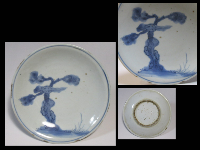 古染付 中国古玩 明古染付 骨董品 アンティーク 芙蓉手皿 松・鹿の絵