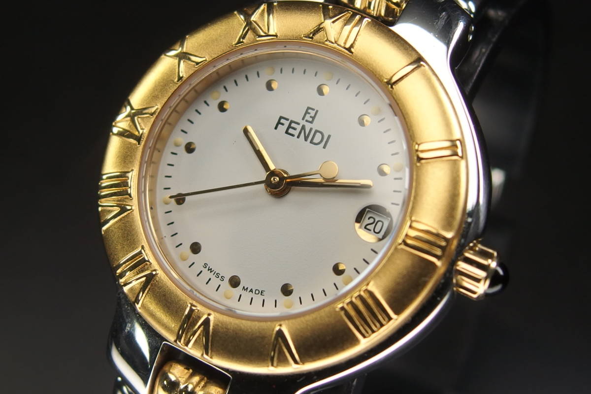 美品 FENDI フェンディ 900L GPxSS コンビ QZ デイト ラウンド レディース 腕時計 純正ブレス 電池交換済