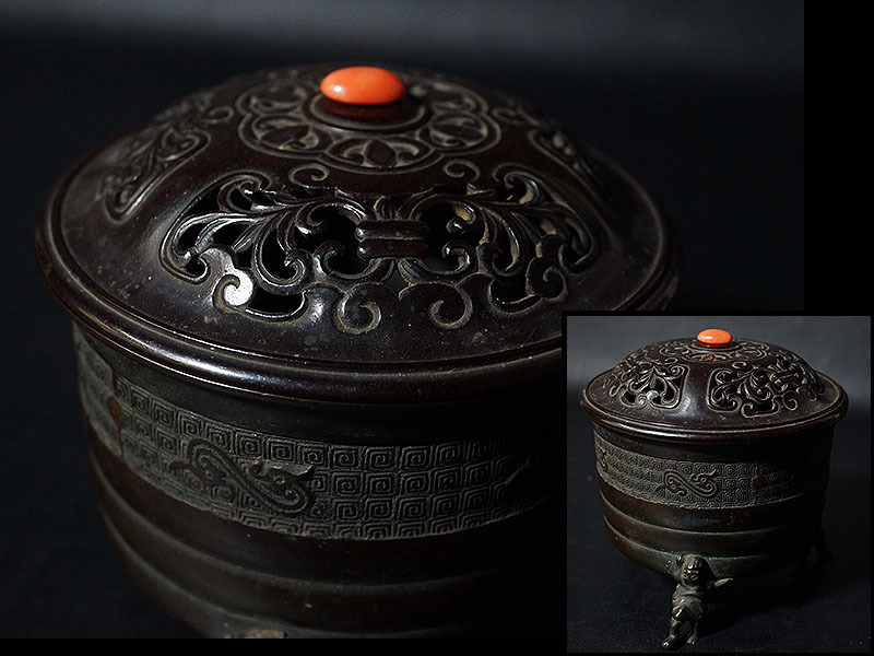 美術品 『館蔵珍品 黑檀木製 細密彫 鏤空彫 三足熏香炉