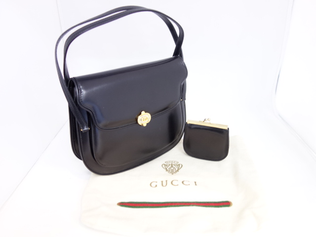 限定SALE，本物保証 激レア １円 GUCCI グッチ レディース ハンドバッグ オールドグッチ レザー 黒 ブラック ゴールド金具 コインケース付き(オールドグッチ)｜売買されたオークション情報、yahooの商品情報をア かばん、バッグ