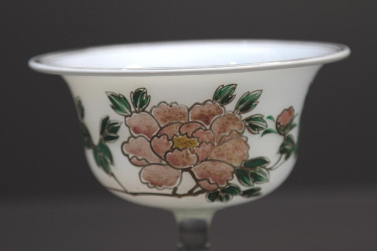 アンティーク 牡丹図 ガラス コンポート