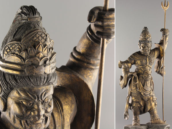彫刻器 木製台座付き 流】仏教美術 木彫塗金四天王像二 CB731 檜一木彫り 四天王像 - 陳宗