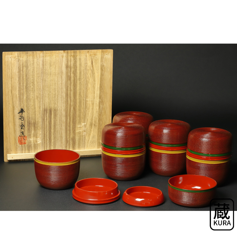 平安堂 山田漆器店】朱塗 棗形弁当 5客セット 共箱付 蔵出品 ≪宝の蔵