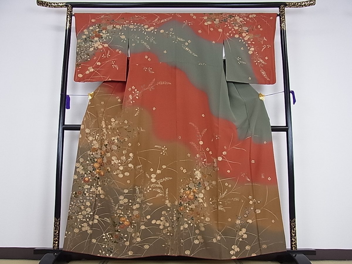 訪問着 着物 中古 正絹 袷 伝統工芸士 吉岡肇 落款 花の図 桜