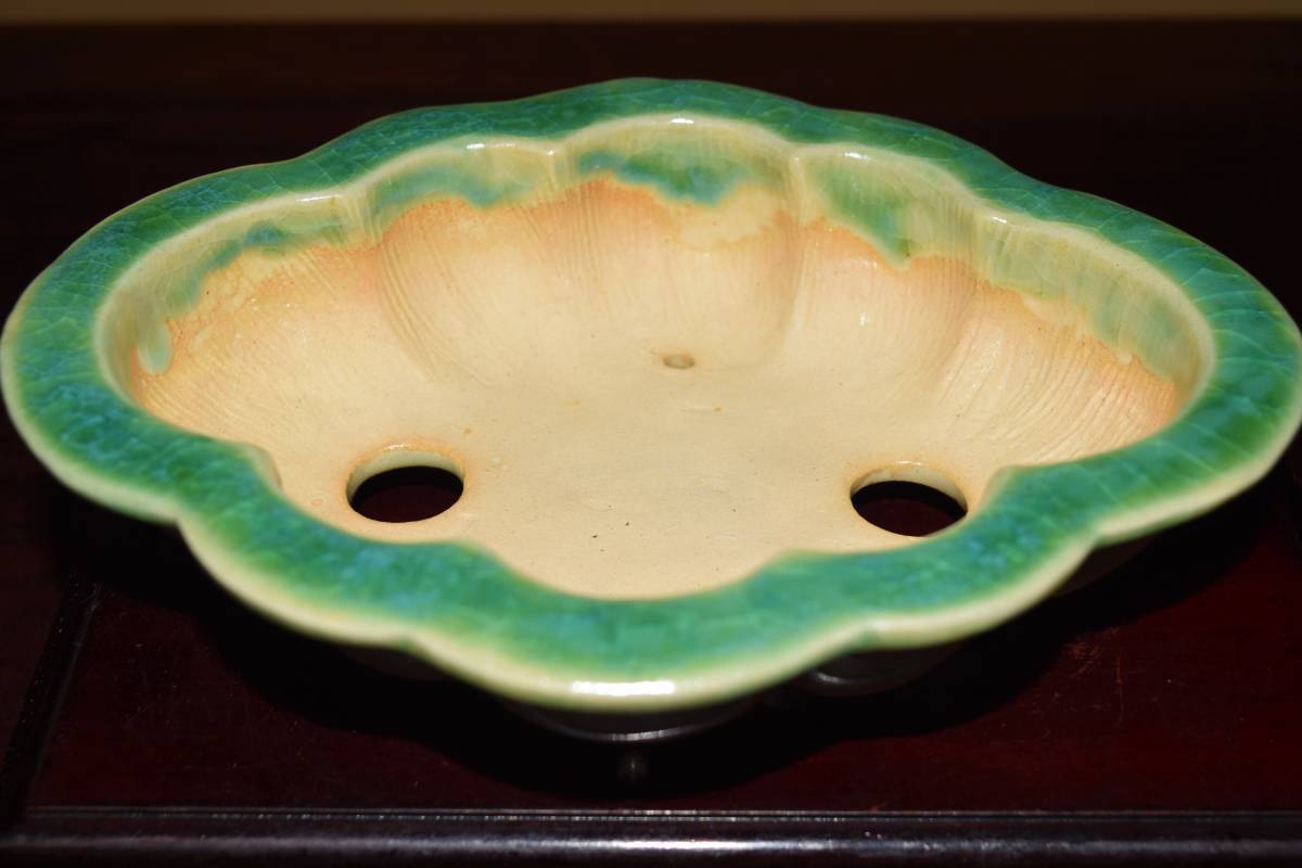 盆栽鉢 縦約14cm 緑釉外縁六角鉢 福田茂 武州庵福茂 間口19，2cm 