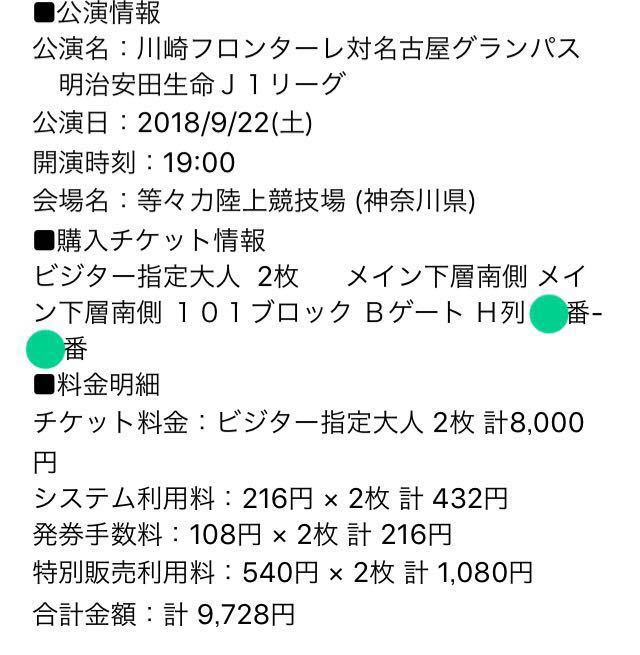 川崎フロンターレvs名古屋グランパス☆ビジター指定2枚☆9/22_2