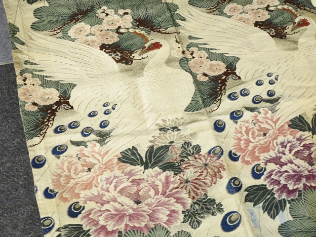 891219□織物 牡丹 孔雀 角布 水引 打敷 約133cm×131cm 仏具 寺院 古布