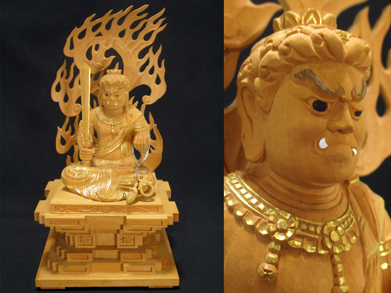 仏教美術 密教系 金属製 仏像 龍 火焔光背 東洋美術 2302 仏像 木造 火焔 光背 金彩色 不動明王 坐像 高さ約30cm/細密木造